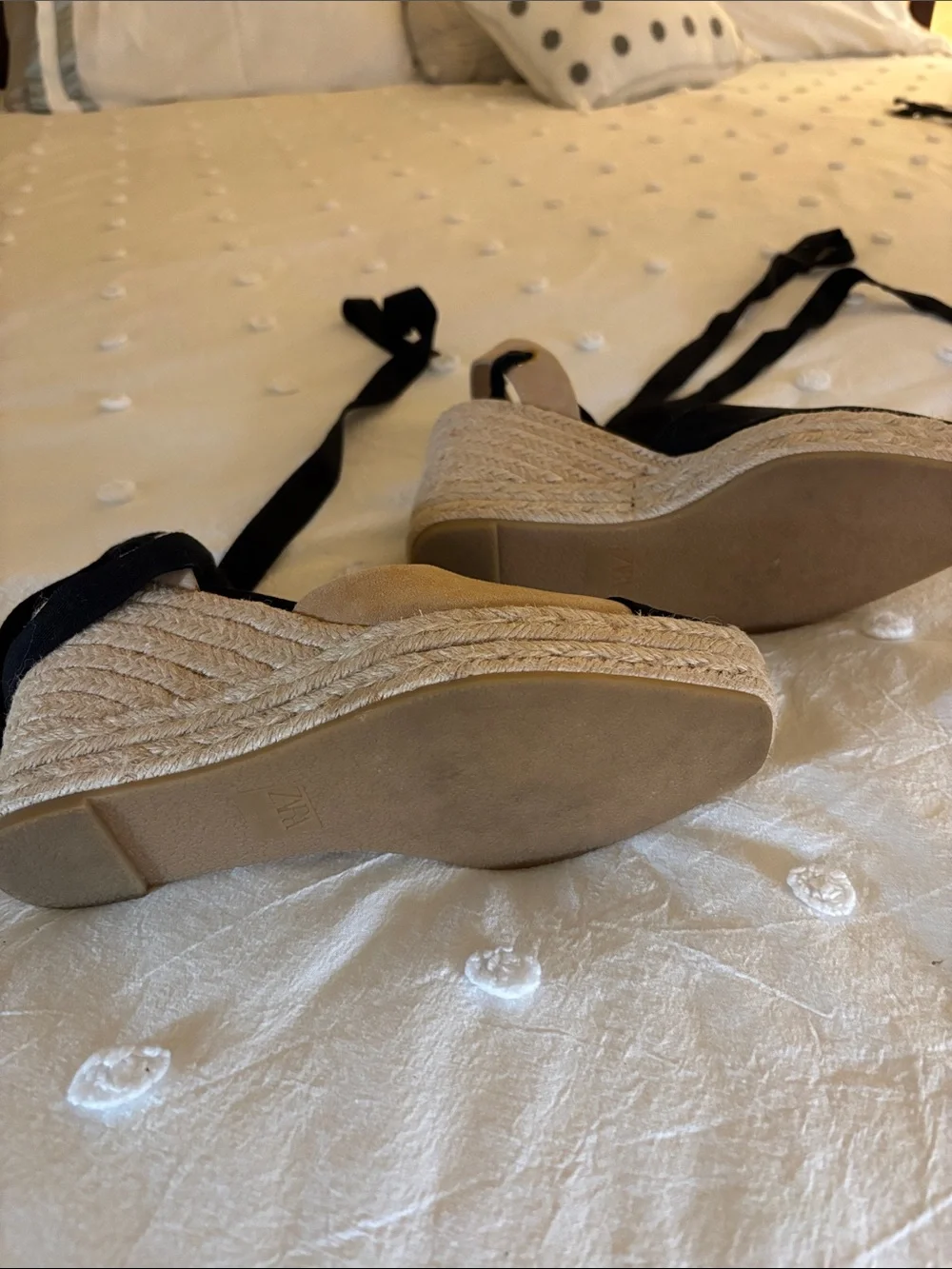 Zara Black and Beige Espadrille Wedge Sandals with Ankle Wrap
